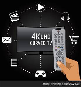 4K TV with icons of different applications and remote control in hand , flat stock vector illustration. 4K TV with icons of different applications and remote control in