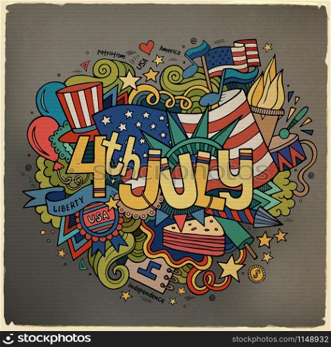 4th July Independence Day hand lettering and doodles elements background. Vector illustration. 4th July Independence Day