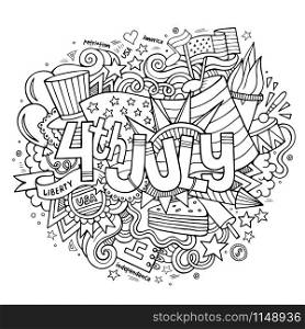4th July Independence Day hand lettering and doodles elements background. Vector illustration. 4th July Independence Day hand lettering and doodles elements