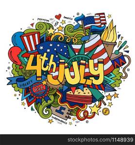 4th July Independence Day hand lettering and doodles elements background. Vector illustration. 4th July Independence Day hand lettering and doodles elements