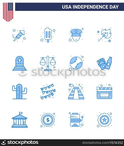 4th July USA Happy Independence Day Icon Symbols Group of 16 Modern Blues of rip; grave; officer; death; match Editable USA Day Vector Design Elements