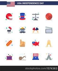 4th July USA Happy Independence Day Icon Symbols Group of 16 Modern Flats of usa; ball; hat; backetball; law Editable USA Day Vector Design Elements