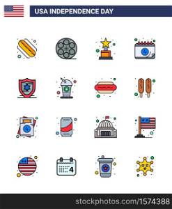 4th July USA Happy Independence Day Icon Symbols Group of 16 Modern Flat Filled Lines of bottle; protection; award; american; date Editable USA Day Vector Design Elements
