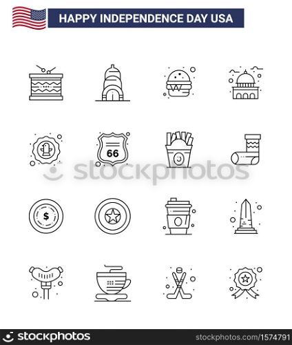 4th July USA Happy Independence Day Icon Symbols Group of 16 Modern Lines of american; usa; burger; landmark; building Editable USA Day Vector Design Elements