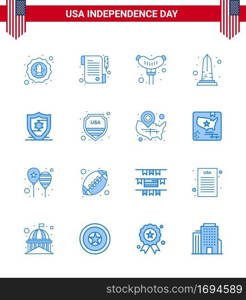 4th July USA Happy Independence Day Icon Symbols Group of 16 Modern Blues of protection  washington  food  usa  monument Editable USA Day Vector Design Elements