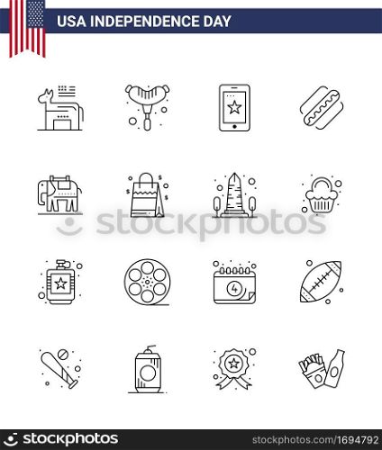 4th July USA Happy Independence Day Icon Symbols Group of 16 Modern Lines of usa; elephent; phone; states; american Editable USA Day Vector Design Elements