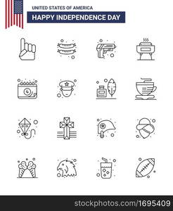 4th July USA Happy Independence Day Icon Symbols Group of 16 Modern Lines of date; american; security; holiday; celebration Editable USA Day Vector Design Elements