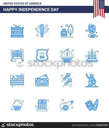 4th July USA Happy Independence Day Icon Symbols Group of 16 Modern Blues of plent  imerican  eagle  flower  ink bottle Editable USA Day Vector Design Elements