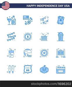 4th July USA Happy Independence Day Icon Symbols Group of 16 Modern Blues of buntings  love  american  invitation  party Editable USA Day Vector Design Elements