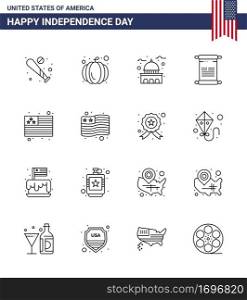 4th July USA Happy Independence Day Icon Symbols Group of 16 Modern Lines of country  american  building  text  white Editable USA Day Vector Design Elements