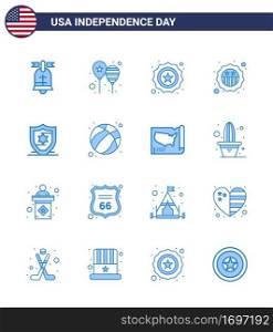 4th July USA Happy Independence Day Icon Symbols Group of 16 Modern Blues of ball  shield  america flag  protection  flag Editable USA Day Vector Design Elements