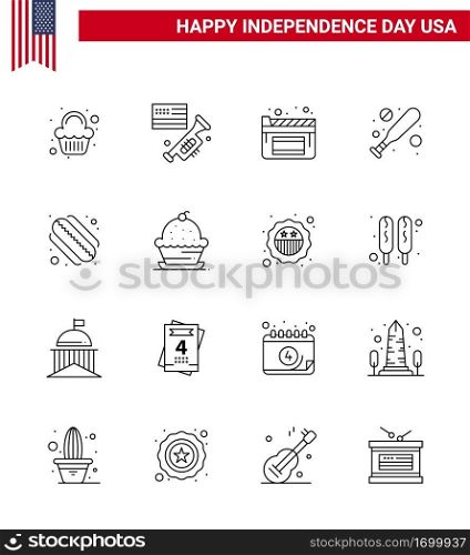 4th July USA Happy Independence Day Icon Symbols Group of 16 Modern Lines of cake; hotdog; cinema; american; bat Editable USA Day Vector Design Elements
