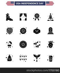 4th July USA Happy Independence Day Icon Symbols Group of 16 Modern Solid Glyphs of protection; usa; police; transport; rocket Editable USA Day Vector Design Elements
