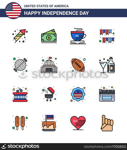 4th July USA Happy Independence Day Icon Symbols Group of 16 Modern Flat Filled Lines of barbecue; party; tea; decoration; garland Editable USA Day Vector Design Elements