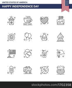 4th July USA Happy Independence Day Icon Symbols Group of 16 Modern Lines of bird  usa  flag  party  cake Editable USA Day Vector Design Elements