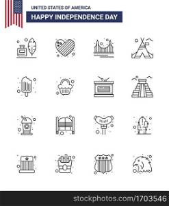 4th July USA Happy Independence Day Icon Symbols Group of 16 Modern Lines of cold  c& bridge  tent  tourism Editable USA Day Vector Design Elements
