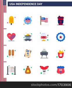 4th July USA Happy Independence Day Icon Symbols Group of 16 Modern Flats of american  heart  flag  usa  drink Editable USA Day Vector Design Elements
