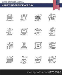 4th July USA Happy Independence Day Icon Symbols Group of 16 Modern Lines of usa  monument  security  landmark  map Editable USA Day Vector Design Elements
