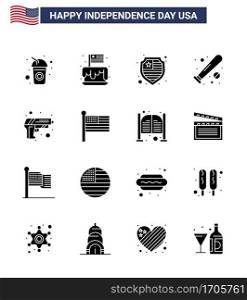 4th July USA Happy Independence Day Icon Symbols Group of 16 Modern Solid Glyphs of gun; sports; usa; bat; ball Editable USA Day Vector Design Elements