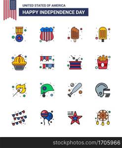 4th July USA Happy Independence Day Icon Symbols Group of 16 Modern Flat Filled Lines of cake; muffin; cream; american; food Editable USA Day Vector Design Elements
