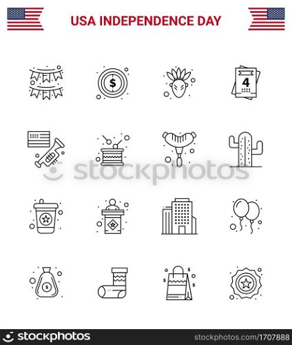 4th July USA Happy Independence Day Icon Symbols Group of 16 Modern Lines of laud  flag  sign  wedding  invitation Editable USA Day Vector Design Elements