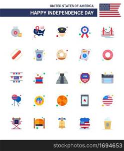 4th July USA Happy Independence Day Icon Symbols Group of 25 Modern Flats of landmark  gate  officer  bridge  star Editable USA Day Vector Design Elements