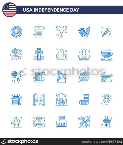 4th July USA Happy Independence Day Icon Symbols Group of 25 Modern Blues of map; festival; frankfurter; religion; american Editable USA Day Vector Design Elements