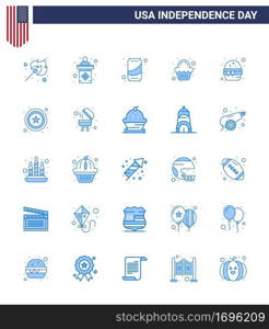 4th July USA Happy Independence Day Icon Symbols Group of 25 Modern Blues of fast  celebration  beer  sweet  cake Editable USA Day Vector Design Elements