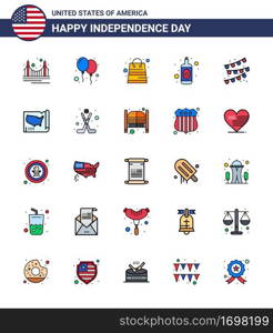 4th July USA Happy Independence Day Icon Symbols Group of 25 Modern Flat Filled Lines of party decoration  wine  party  bottle  shop Editable USA Day Vector Design Elements