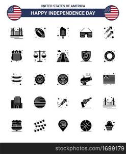 4th July USA Happy Independence Day Icon Symbols Group of 25 Modern Solid Glyph of usa  glasses  sports  sunglasses  food Editable USA Day Vector Design Elements