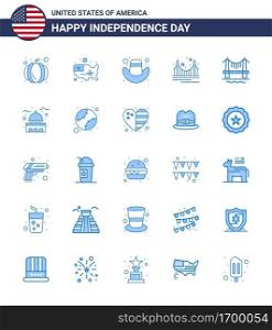 4th July USA Happy Independence Day Icon Symbols Group of 25 Modern Blues of city  bridge  cap  tourism  golden Editable USA Day Vector Design Elements