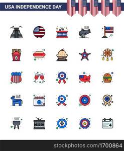 4th July USA Happy Independence Day Icon Symbols Group of 25 Modern Flat Filled Lines of international; country; drum; mortar; cannon Editable USA Day Vector Design Elements