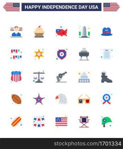 4th July USA Happy Independence Day Icon Symbols Group of 25 Modern Flats of hat  usa  map  sight  landmark Editable USA Day Vector Design Elements