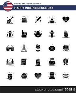 4th July USA Happy Independence Day Icon Symbols Group of 25 Modern Solid Glyph of usa  love  baseball  heart  c&ing Editable USA Day Vector Design Elements