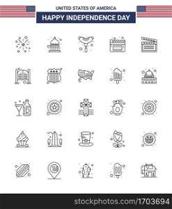 4th July USA Happy Independence Day Icon Symbols Group of 25 Modern Lines of usa; movis; food; american; movies Editable USA Day Vector Design Elements