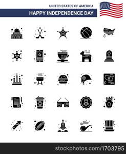 4th July USA Happy Independence Day Icon Symbols Group of 25 Modern Solid Glyph of map  usa  men  american  football Editable USA Day Vector Design Elements