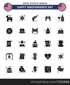 4th July USA Happy Independence Day Icon Symbols Group of 25 Modern Solid Glyph of wine  american  gun  cream  icecream Editable USA Day Vector Design Elements