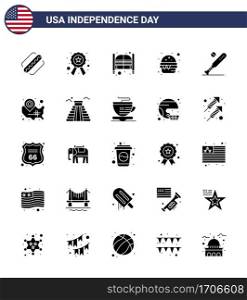 4th July USA Happy Independence Day Icon Symbols Group of 25 Modern Solid Glyph of ball; food; bar; fast; entrance Editable USA Day Vector Design Elements