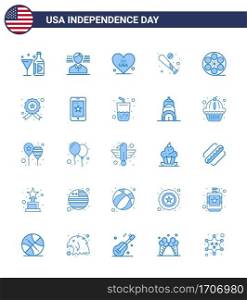4th July USA Happy Independence Day Icon Symbols Group of 25 Modern Blues of movis  sports  heart  bat  ball Editable USA Day Vector Design Elements