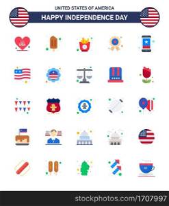 4th July USA Happy Independence Day Icon Symbols Group of 25 Modern Flats of smart phone  cell  food  medal  independece Editable USA Day Vector Design Elements