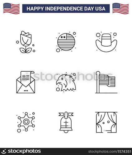 4th July USA Happy Independence Day Icon Symbols Group of 9 Modern Lines of eagle; animal; cap; mail; greeting Editable USA Day Vector Design Elements
