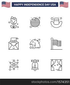 4th July USA Happy Independence Day Icon Symbols Group of 9 Modern Lines of eagle; animal; cap; mail; greeting Editable USA Day Vector Design Elements