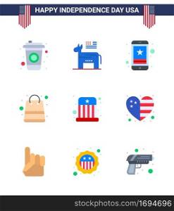 4th July USA Happy Independence Day Icon Symbols Group of 9 Modern Flats of entertainment; shop; star; packages; bag Editable USA Day Vector Design Elements