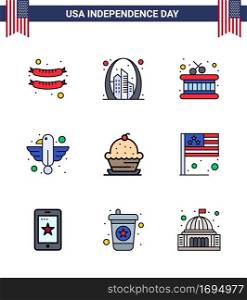 4th July USA Happy Independence Day Icon Symbols Group of 9 Modern Flat Filled Lines of dessert; state; drum; eagle; animal Editable USA Day Vector Design Elements