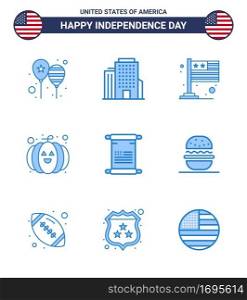 4th July USA Happy Independence Day Icon Symbols Group of 9 Modern Blues of american; scroll; country; festival; food Editable USA Day Vector Design Elements