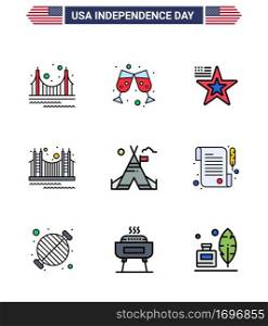 4th July USA Happy Independence Day Icon Symbols Group of 9 Modern Flat Filled Lines of usa; landmark; star; golden; bridge Editable USA Day Vector Design Elements