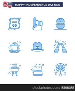 4th July USA Happy Independence Day Icon Symbols Group of 9 Modern Blues of american  hat  burger  rail  cart Editable USA Day Vector Design Elements