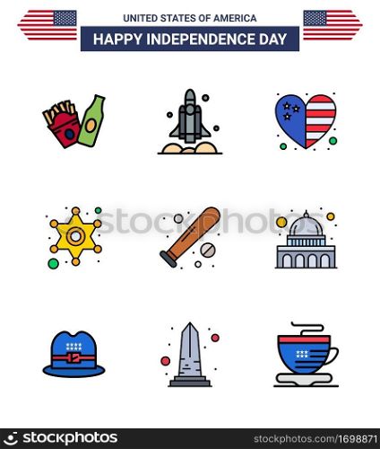 4th July USA Happy Independence Day Icon Symbols Group of 9 Modern Flat Filled Lines of baseball; police sign; heart; star; men Editable USA Day Vector Design Elements