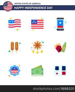 4th July USA Happy Independence Day Icon Symbols Group of 9 Modern Flats of american  bottle  corn dog  western  decoration Editable USA Day Vector Design Elements