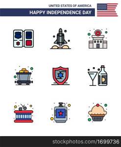 4th July USA Happy Independence Day Icon Symbols Group of 9 Modern Flat Filled Lines of protection  rail  usa  mine  police sign Editable USA Day Vector Design Elements